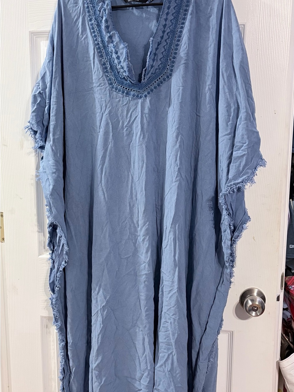 Mlle Gabrielle Blue Embroidered Boho Caftan Maxi Dress Plus Size 2X
